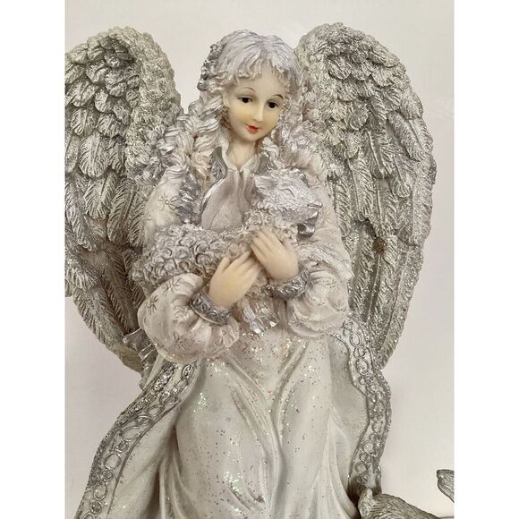 Elegant Guardian Angel with Lamb and Deer Glittered Resin On Wood Base - Picture 2 of 8